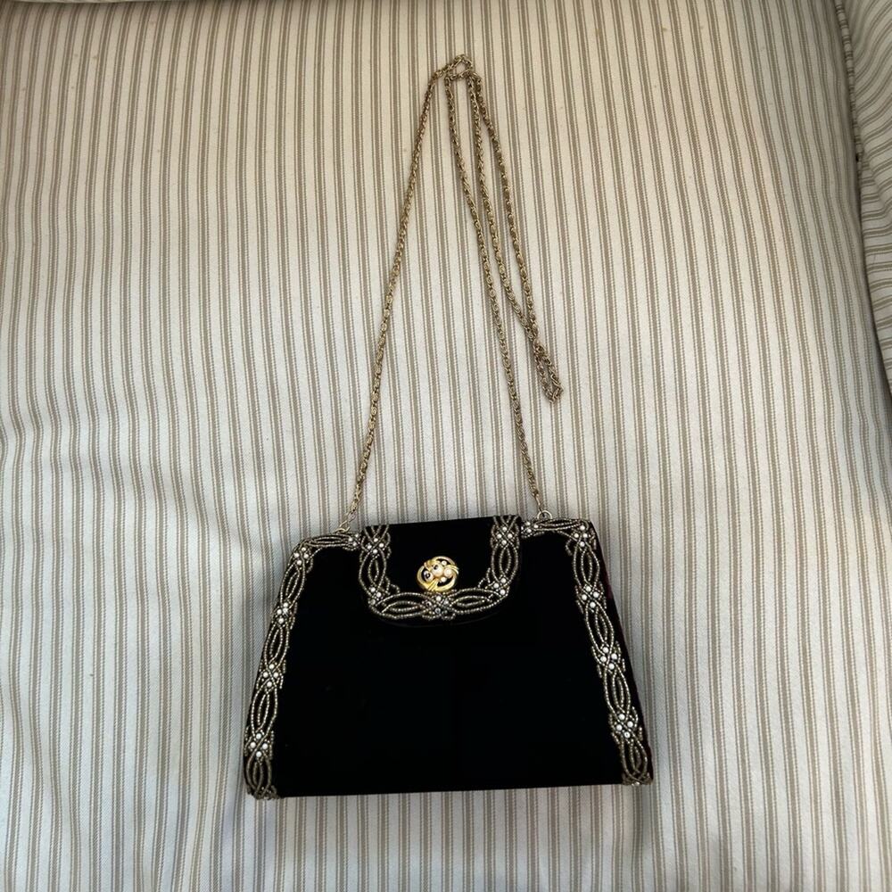 Vintage Black Beaded Evening Bag with Gold Chain